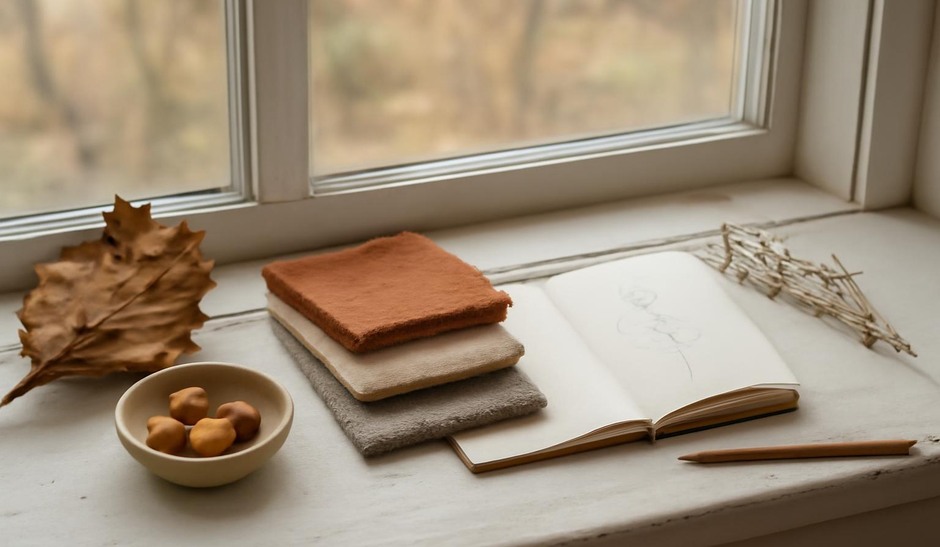 A windowsill with seasonal material samples and a small open sketchbook