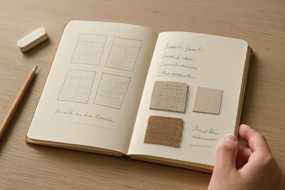 An open sketchbook showing thumbnails, notes and material swatches