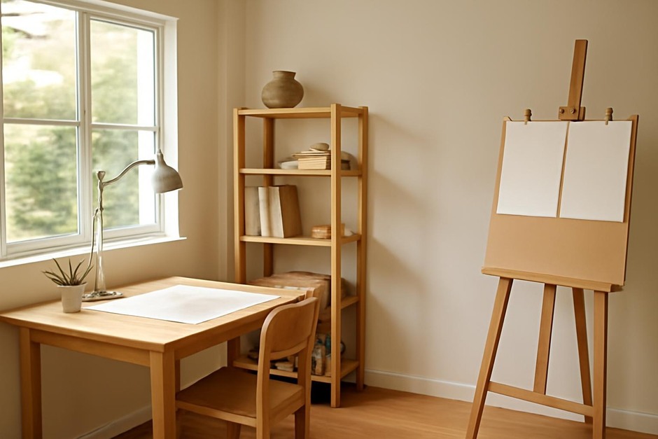 A compact studio with defined zones for drawing, storage and drying