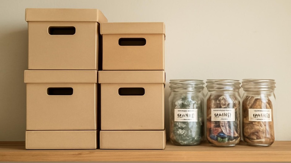Stacked modular boxes and labeled recycled jars on a shelf