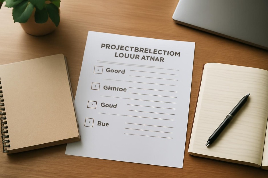A desk with a finished piece, a notebook and a short checklist for review